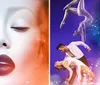 This image is a colorful and dynamic collage showing an amalgamation of diverse performing arts including dance acrobatics and magic acts with a large central close-up of a serene female face