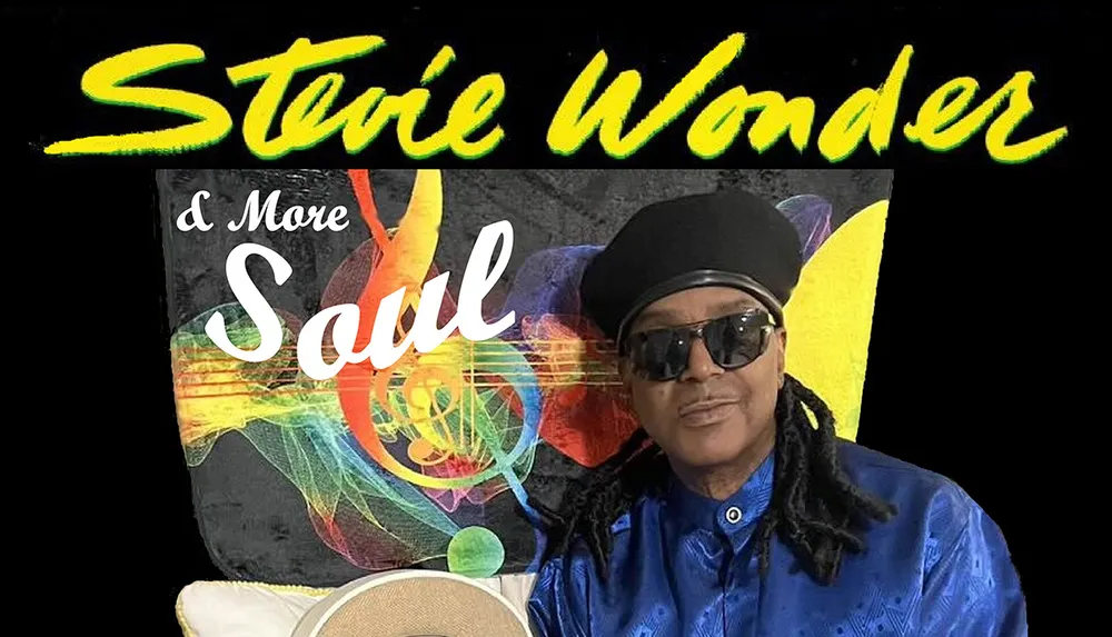 The image features a person wearing sunglasses and a hat posing in front of stylized text and colorful abstract graphics related to music with Stevie Wonder  More Soul written in a vibrant font