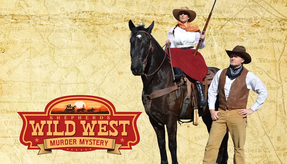 This image features two people dressed in Wild West attire with the woman on horseback holding a rifle and the man standing beside her with a backdrop that includes the text Shepherds Wild West Murder Mystery