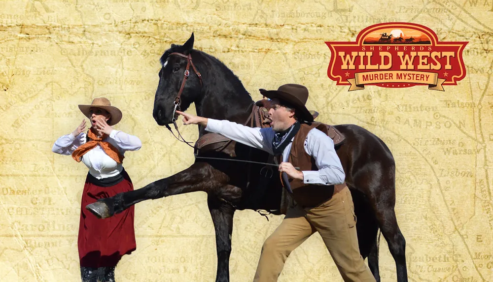 The image depicts a theatrical performance in a Wild West setting featuring a man in cowboy attire holding a horse by its reins and a woman expressing surprise or fear all set against a backdrop decorated with Western-themed graphics and text