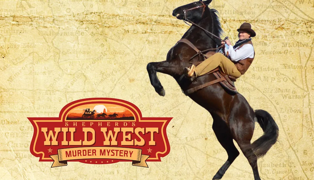 The image depicts a person wearing a cowboy hat riding a rearing horse against a parchment-like background with a logo for Shepherds Wild West Murder Mystery