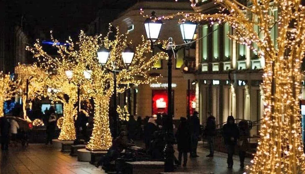 This image features a lively street scene with pedestrians and trees adorned with twinkling lights creating a festive and warm atmosphere at night