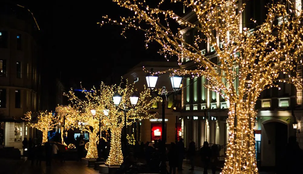 A nighttime street scene is illuminated by trees adorned with sparkling fairy lights