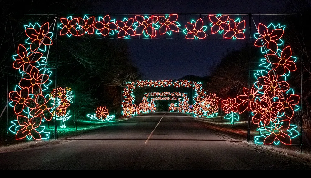 A road is beautifully decorated with vibrant red and green floral light installations forming arches and patterns