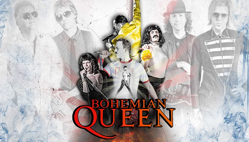 This image is a collage of various illustrations and photos featuring members of a band with a central figure in a dynamic pose against a background with the words Bohemian Queen prominently displayed