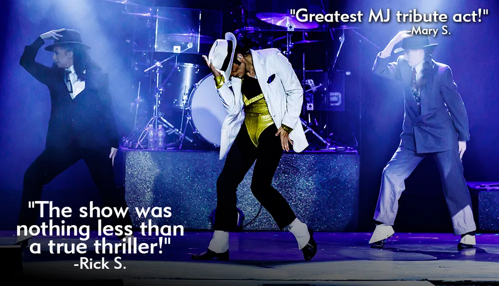 Three performers dressed in Michael Jackson-style outfits are on stage with quotes praising the performance as the greatest MJ tribute act and a true thriller