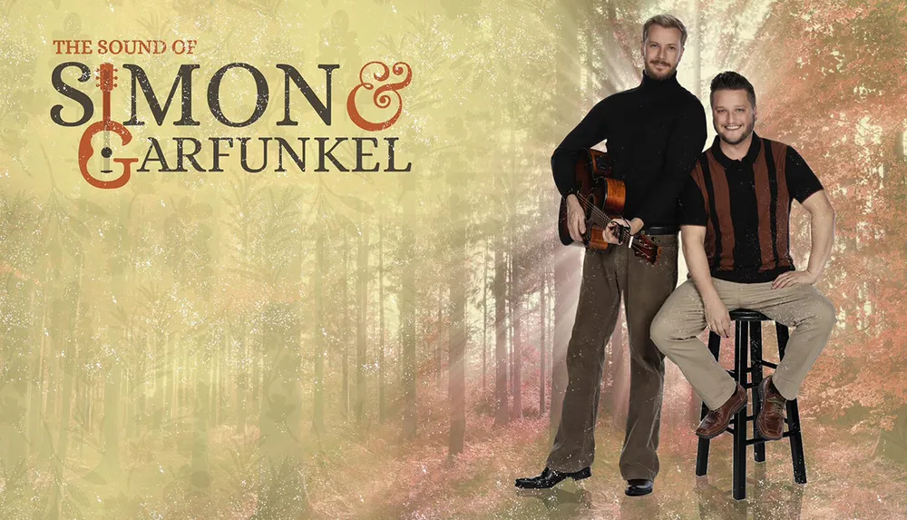 The image features two men one standing with a guitar and the other sitting on a stool alongside the text The Sound of Simon  Garfunkel against a stylized forest background
