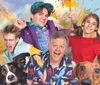 The image features a lively group of people and two dogs with joyful expressions superimposed over a colorful abstract background