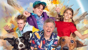 The image features a lively group of people and two dogs with joyful expressions superimposed over a colorful, abstract background.