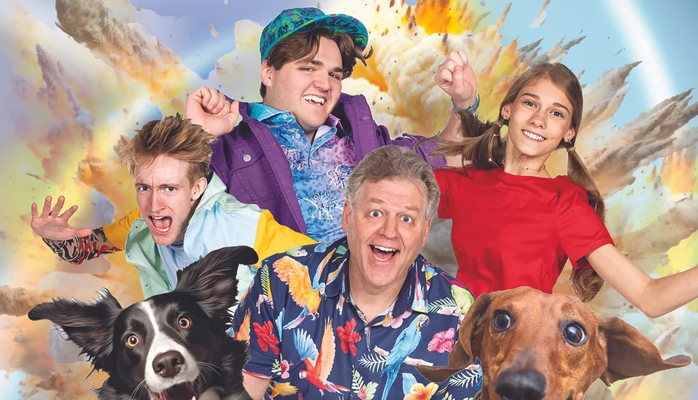 The image features a lively group of people and two dogs with joyful expressions superimposed over a colorful abstract background