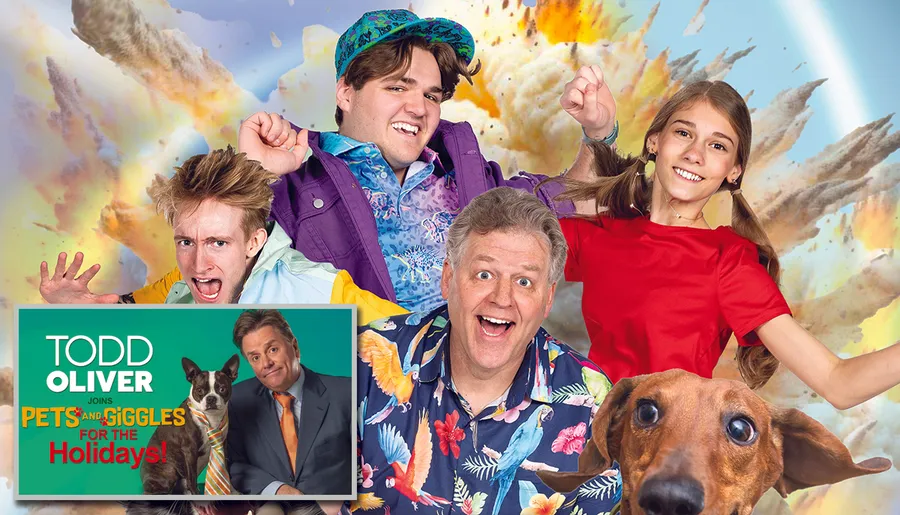 A lively group of people and a dog are joyfully posing against an explosive, colorful background, advertising a holiday event featuring Todd Oliver and pets.