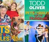 A man and a dog wearing ties are featured in a promotional image with text that reads Todd Oliver joins Pets and Giggles for the Holidays