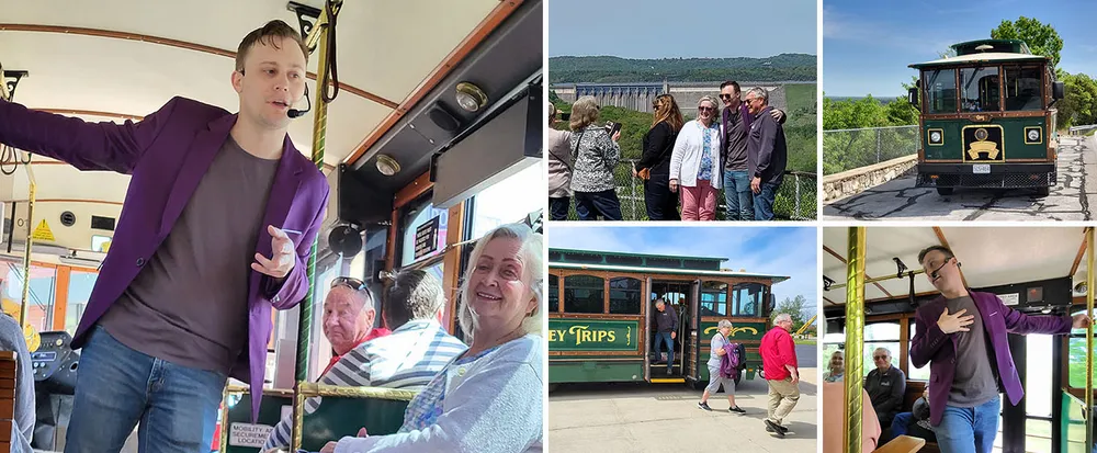 The image is a collage showing a vintage-looking trolley bus people enjoying a tour with a guide inside the vehicle a group posing for a photo with a scenic backdrop and passengers boarding or alighting the trolley capturing the essence of a sightseeing excursion