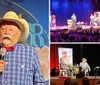 A person in a cowboy hat and bandana is speaking into a microphone against a colorful backdrop with the word Fiesta