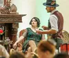 A lively dinner show scene with an engaging performer and guests enjoying their meals accompanied by positive reviews praising the food entertainment and service
