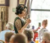 A lively dinner show scene with an engaging performer and guests enjoying their meals accompanied by positive reviews praising the food entertainment and service