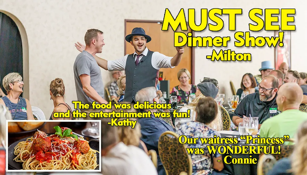 A lively dinner show scene with an engaging performer and guests enjoying their meals accompanied by positive reviews praising the food entertainment and service