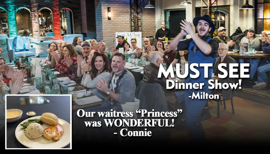 The image features a group of people dressed in 1920s-style attire enjoying a dinner show, with text reviews praising the performance and service, alongside an inset of rolled pasta with sauce.