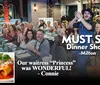 The image features a group of people dressed in 1920s-style attire enjoying a dinner show with text reviews praising the performance and service alongside an inset of rolled pasta with sauce