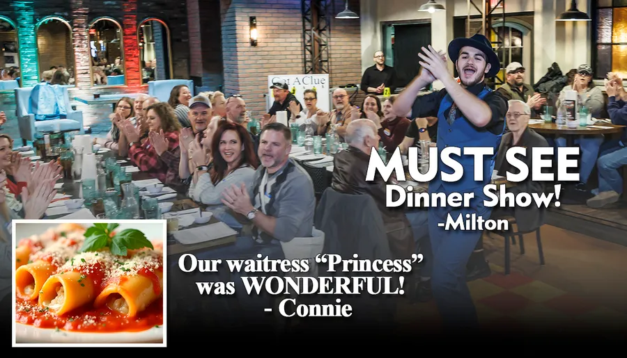 The image features a group of people dressed in 1920s-style attire enjoying a dinner show, with text reviews praising the performance and service, alongside an inset of rolled pasta with sauce.