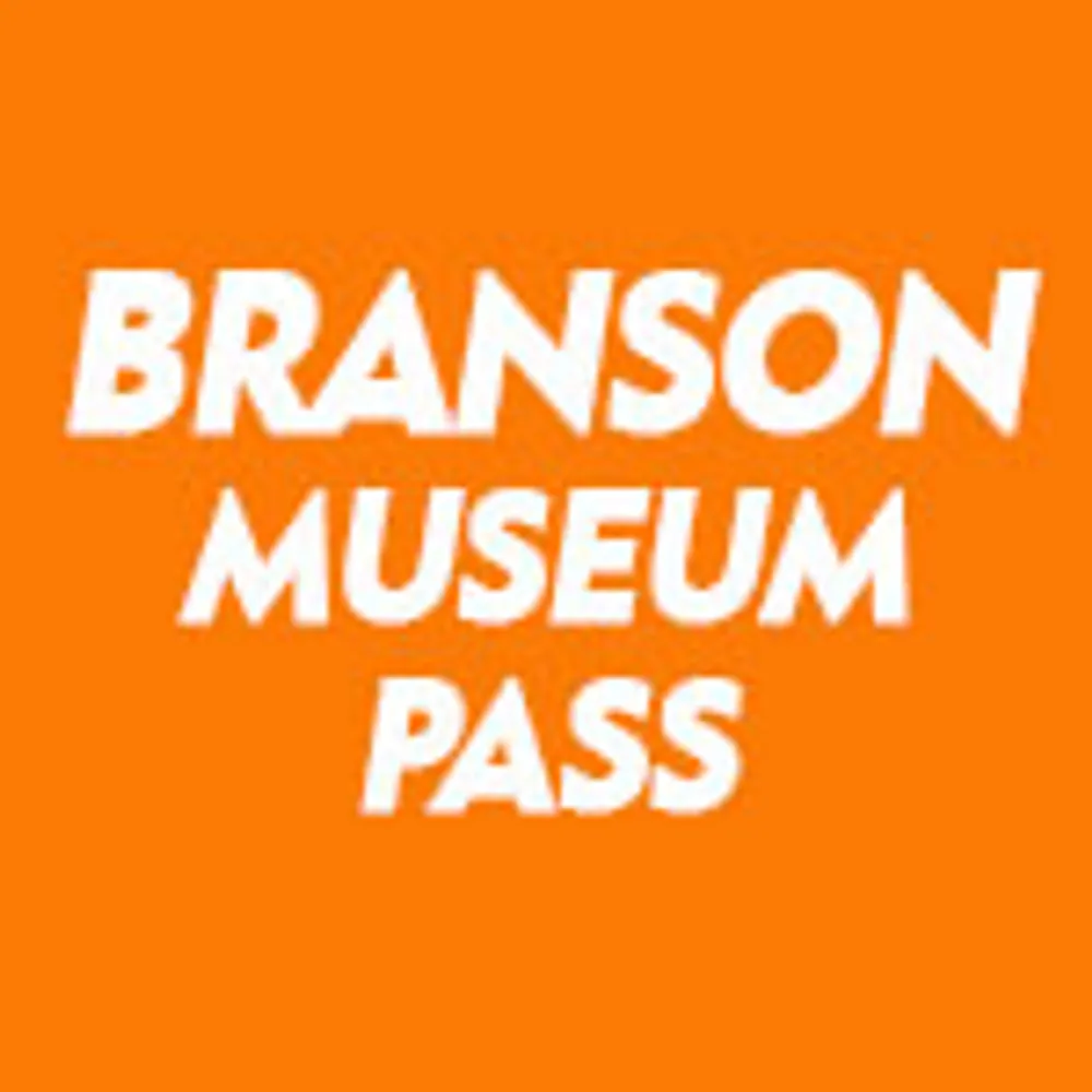The image shows white text on an orange background that reads Branson Museum Pass
