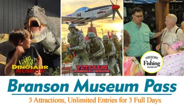 The image features three promotional photos for the Dinosaur Museum, Veterans Memorial Museum, and History of Fishing Museum in Branson, with the text 