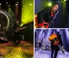 A musician is performing on stage with a guitar and microphone dressed in a black suit with red accents against a dynamic colorful background