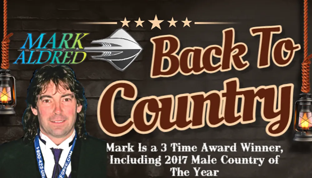 The image promotes Mark Aldreds Back to Country noting him as a three-time award winner including the 2017 Male Country of the Year