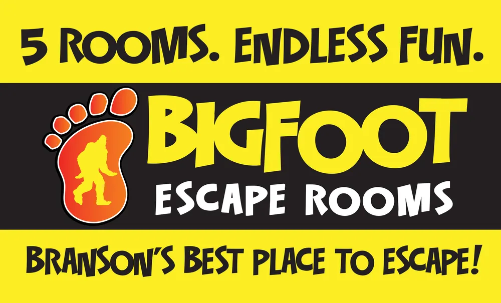 The image is an advertisement for Bigfoot Escape Rooms with the tagline 5 Rooms Endless Fun and claims to be Bransons Best Place to Escape