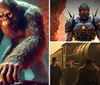 The image is divided into two sections with the top showing a large ape-like creature in a mystical setting labeled Squatcharazzi Spotlight and the bottom featuring a robotic warrior with text Echoes of the Badlands Surge the Grid Defy the Synths