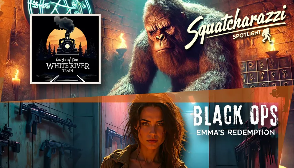 The image is divided into two sections with the top showing a large ape-like creature in a mystical setting labeled Squatcharazzi Spotlight and the bottom featuring a robotic warrior with text Echoes of the Badlands Surge the Grid Defy the Synths