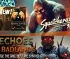 The image is divided into two sections with the top showing a large ape-like creature in a mystical setting labeled Squatcharazzi Spotlight and the bottom featuring a robotic warrior with text Echoes of the Badlands Surge the Grid Defy the Synths