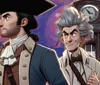 The image features two animated characters one dressed in historical attire and the other in a lab coat with spiky hair standing in front of a futuristic machine with a clock