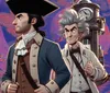 The image features two animated characters one dressed in historical attire and the other in a lab coat with spiky hair standing in front of a futuristic machine with a clock