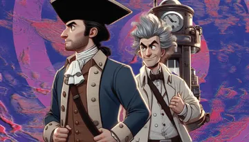 The image features two animated characters, one dressed in historical attire and the other in a lab coat with spiky hair, standing in front of a futuristic machine with a clock.