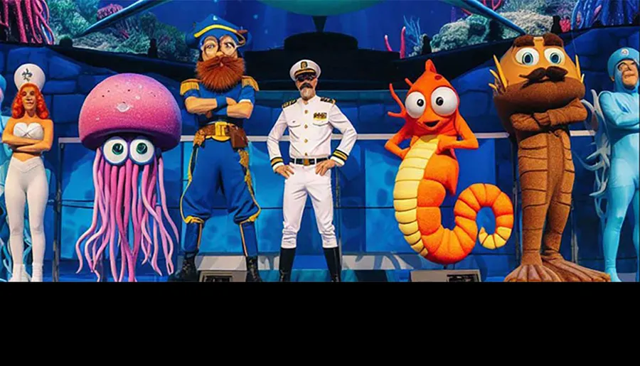 The image features a group of people in colorful, marine-themed costumes and uniforms on a stage decorated to look like an underwater setting.