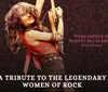 A woman is energetically playing a guitar with the text A Tribute to the Legendary Women of Rock and a quote praising her pure energy  rootsy-blues sass by MusicOntario