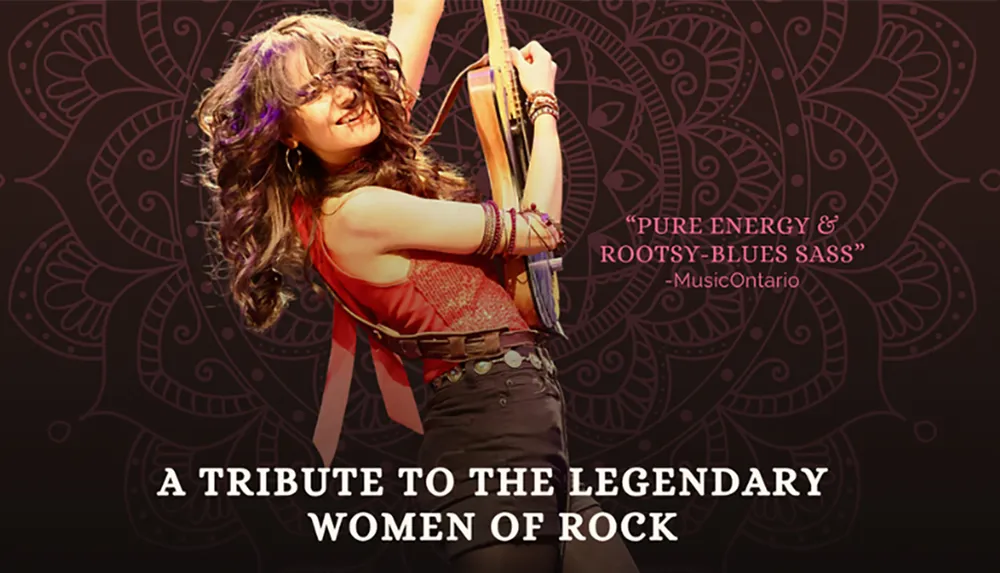 The image features a woman energetically playing guitar with the text A Tribute to the Legendary Women of Rock and a review from MusicOntario describing pure energy  rootsy-blues sass