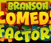 The image features the colorful text Branson Comedy Factory with gear motifs in the background set against a gradient backdrop