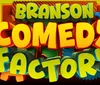 The image features the colorful text Branson Comedy Factory with gear motifs in the background set against a gradient backdrop