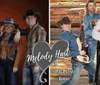 A group of four people wearing cowboy hats and casual Western-style clothing pose together in front of a warm-toned background