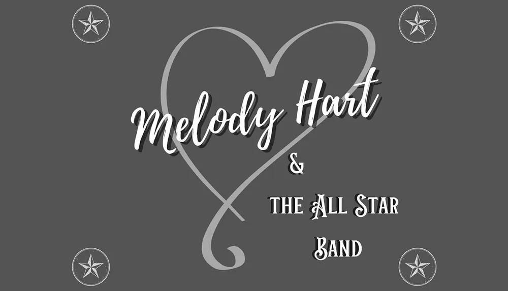 The image features the text Melody Hart  The All Star Band in stylized font with a heart design and stars at the corners on a gray background