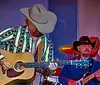 A group of musicians wearing cowboy hats and holding instruments pose confidently with spotlights in the background
