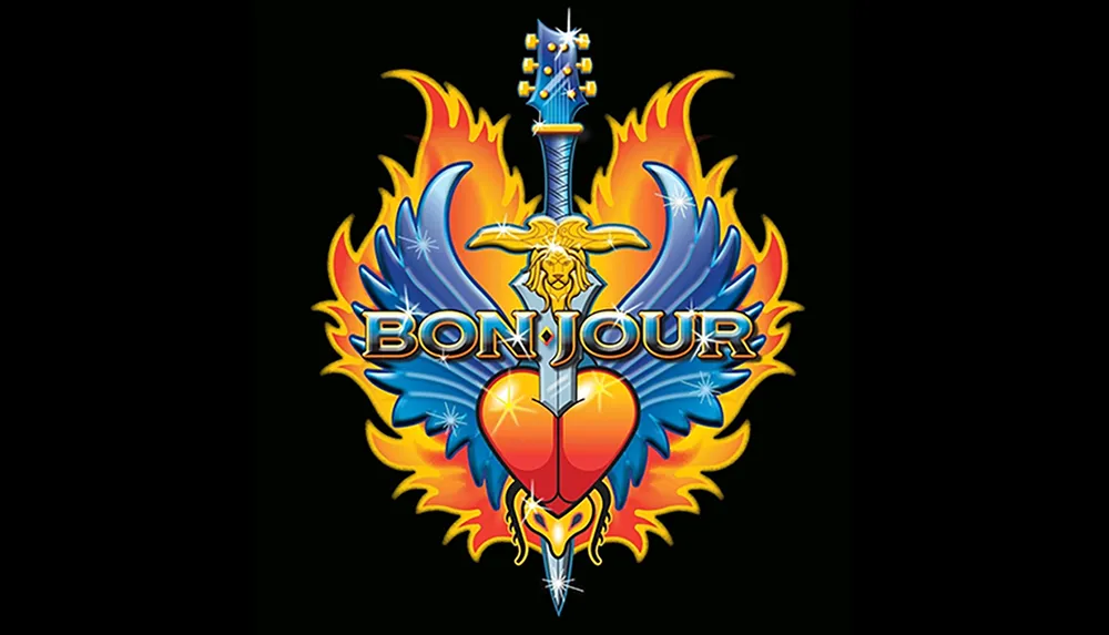 The image features the word BONJOUR with a design of a sword through a heart surrounded by flame-like wings and a guitar headstock on top