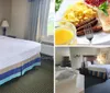 The image shows a neatly made bed with white linens and two pillows flanked by a wooden headboard a nightstand and a lamp in a well-lit room