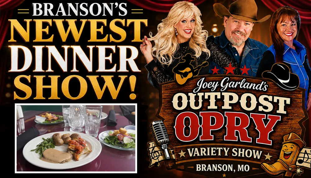 The image advertises Bransons Newest Dinner Show called Joey Garlands Outpost Opry Variety Show in Branson MO featuring performers and a dinner scene