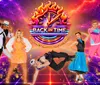 The image shows a vibrant retro-themed promotional poster featuring people in various colorful outfits and a Back in Time A Journey Through the Decades logo set against a cosmic background