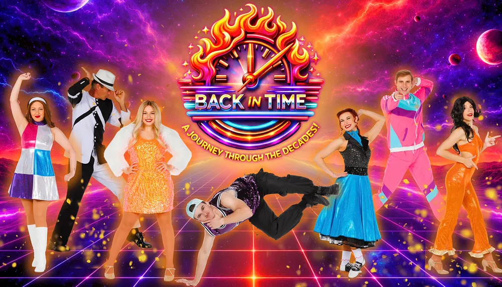The image shows a vibrant retro-themed promotional poster featuring people in various colorful outfits and a Back in Time A Journey Through the Decades logo set against a cosmic background