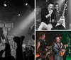 A band performs energetically on stage with a lively audience as the lead singer raises his hand in excitement
