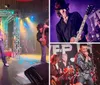 A rock band performs energetically on stage with colorful lights and instruments